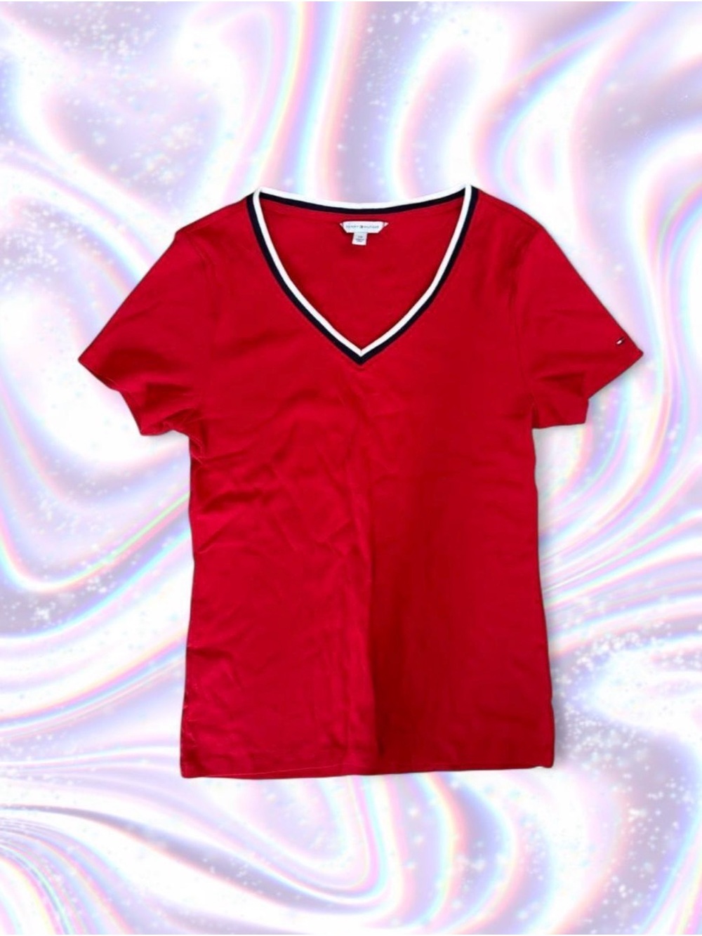 Tommy Hilfiger Red V‑Neck Tee with Contrast Trim